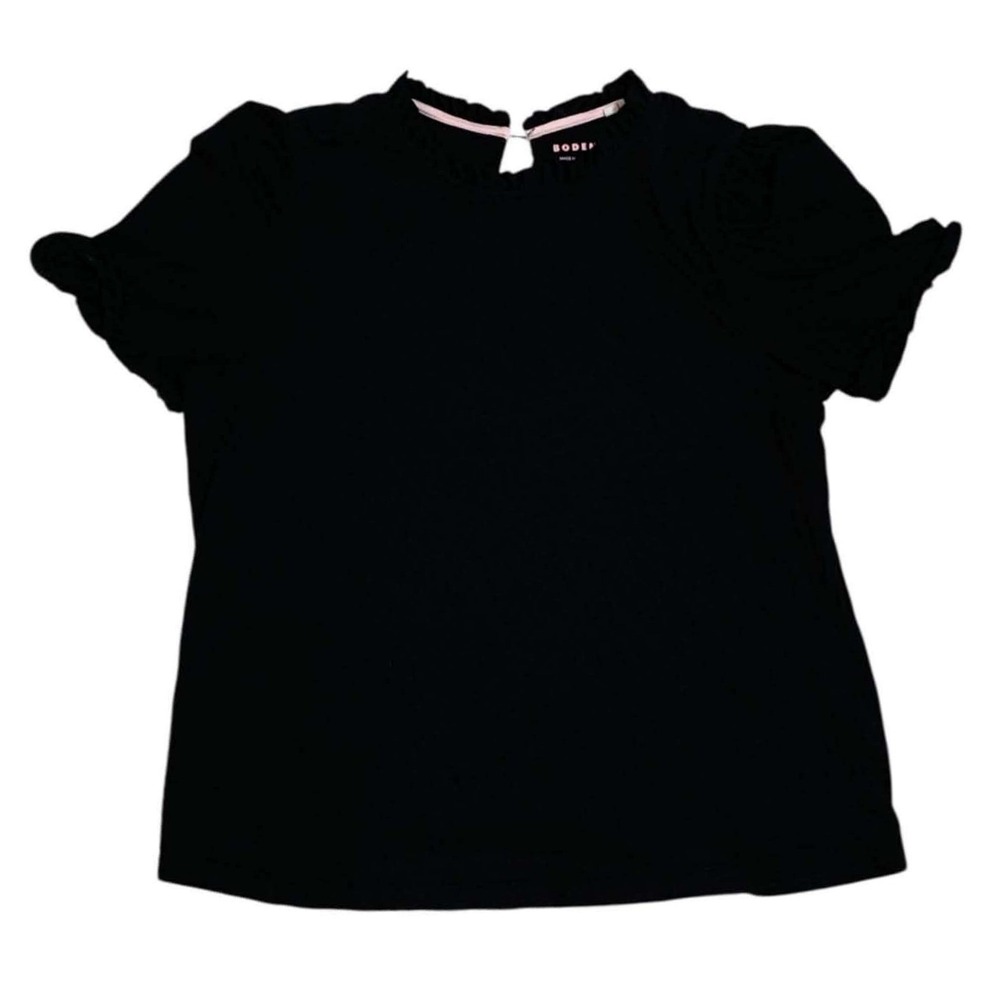 Boden Ruffle Top Womens 16/18 Black Short Sleeve Puff Knit Dark Academia Style